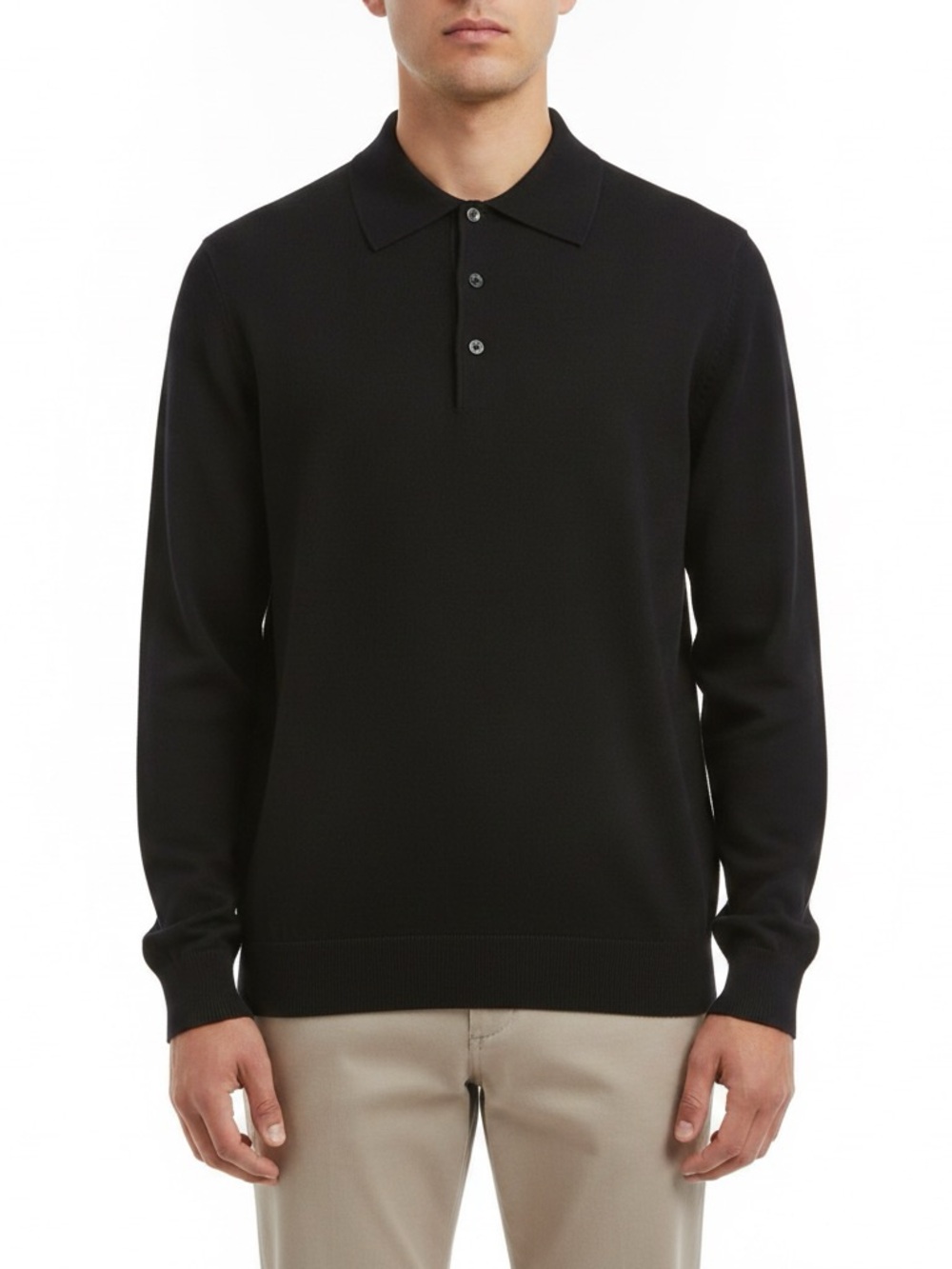 Raffi Black 100% Fine Merino Wool Long-Sleeve Polo Sweater